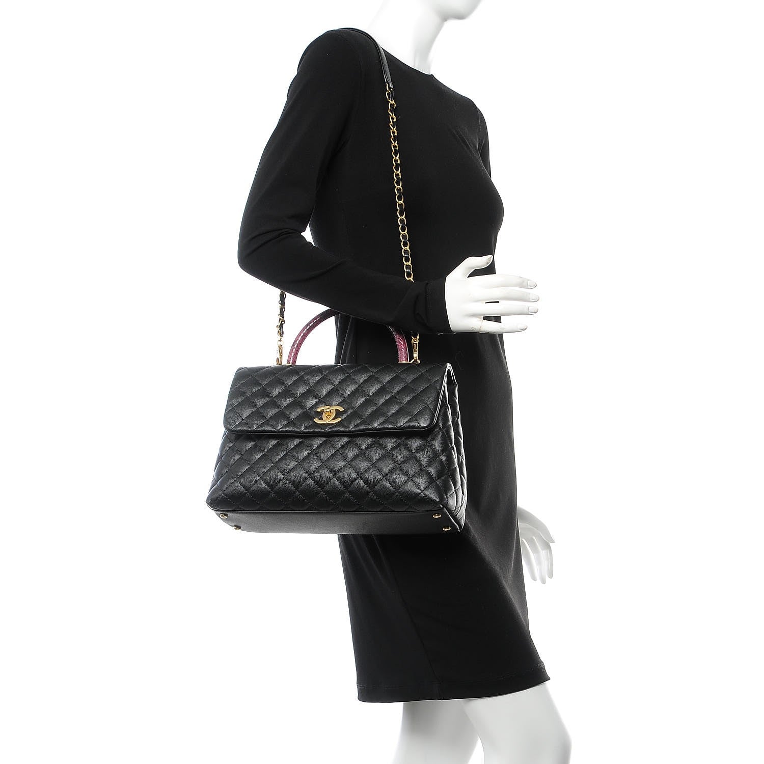 Chanel Caviar Elaphe Quilted Medium Coco Handle Flap Black Burgundy 2 of 9