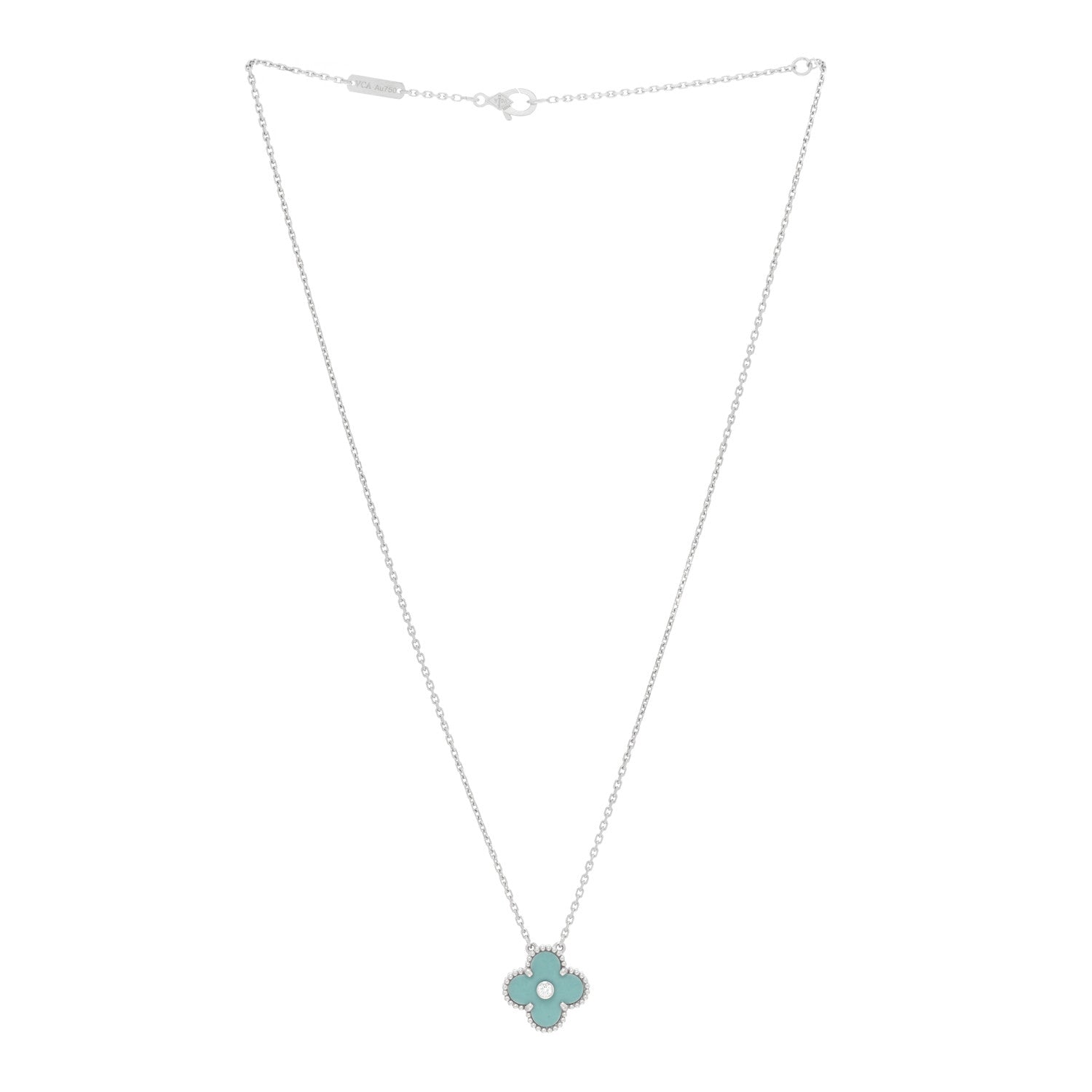 Van Cleef & Arpels 18K White Gold Diamond Celadon Green Sevres Porcelain Vintage Alhambra Pendant Necklace 2 of 6