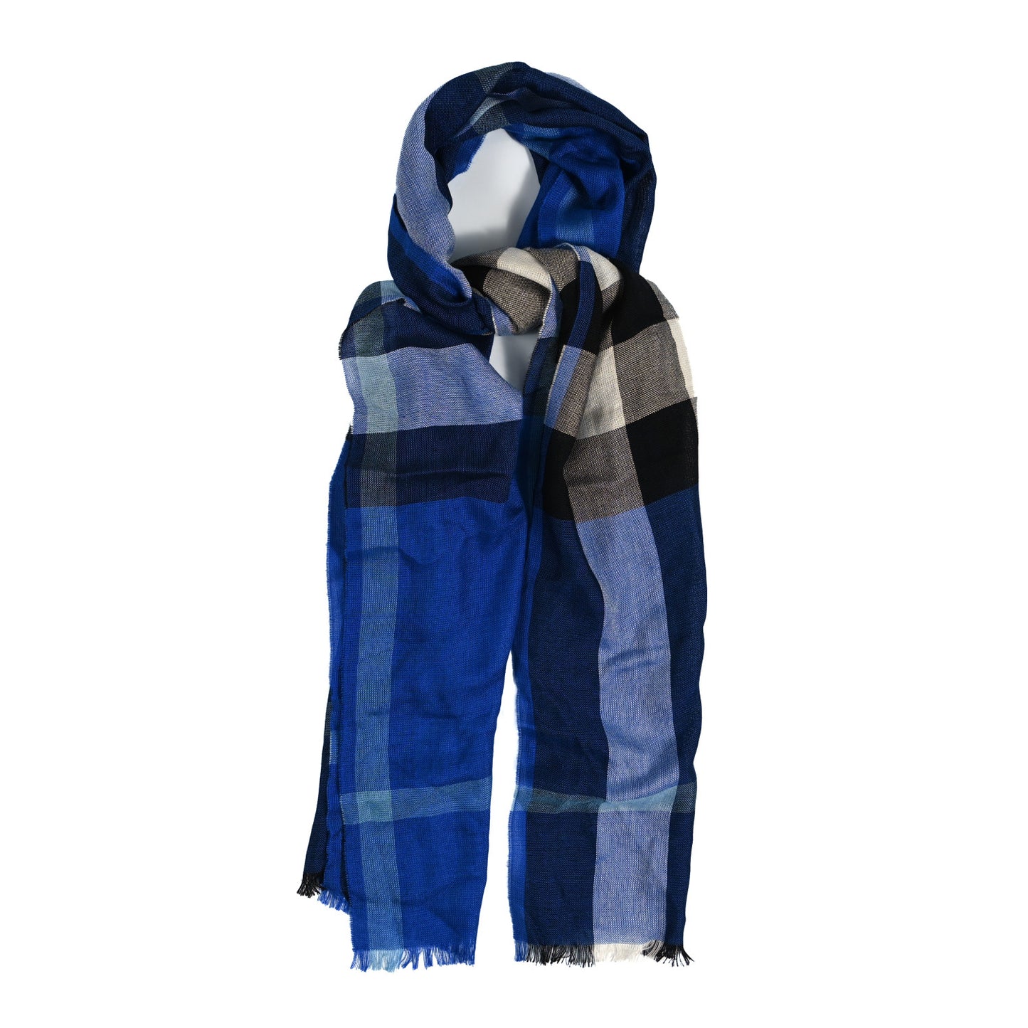 Silk Cashmere Half Mega Check Scarf Cobalt Blue