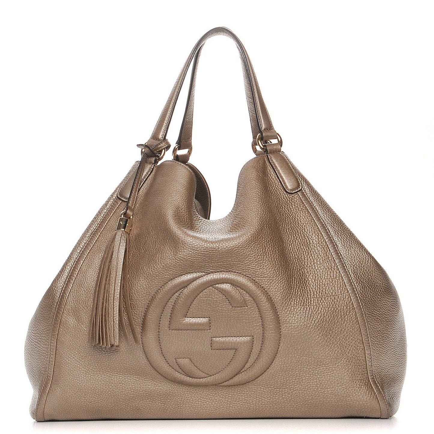 Metallic Pebbled Calfskin Large Soho Shoulder Bag Golden Beige