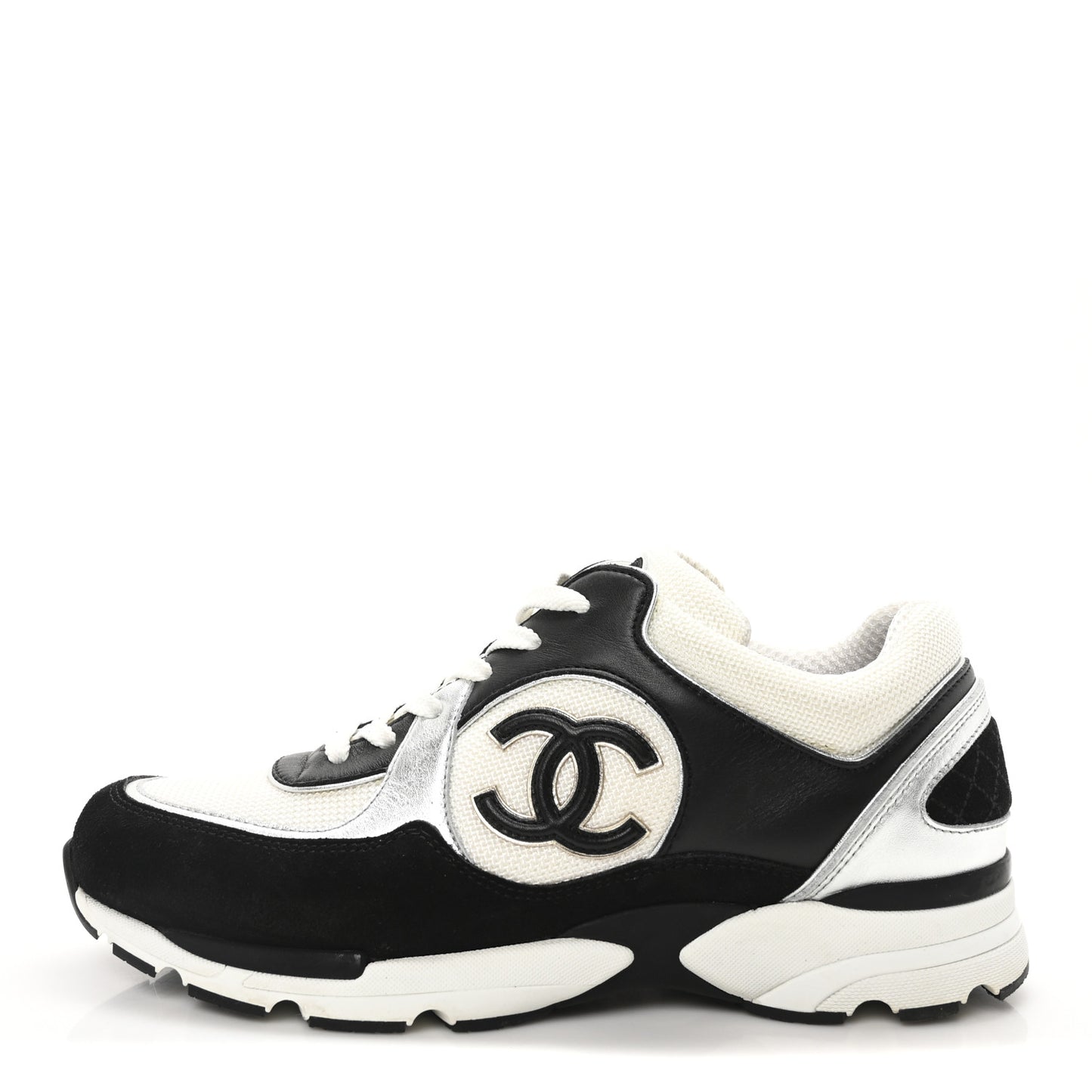 Mesh Suede Calfskin Grained Calfskin Womens CC Sneakers 40 Black White Silver