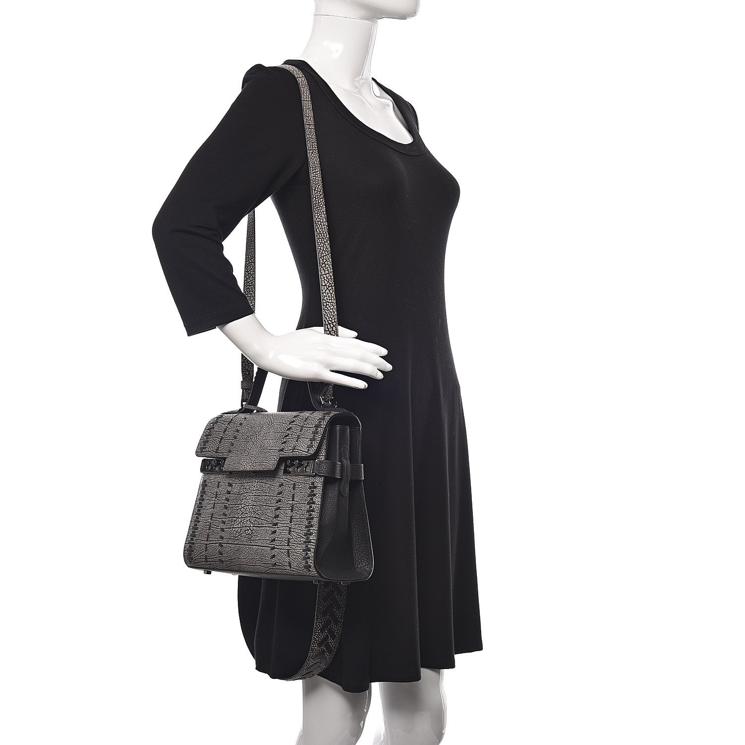 Delvaux Grained Calfskin MM Tribal Stitch Tempete Satchel Ebene Ivory Black 3 of 11