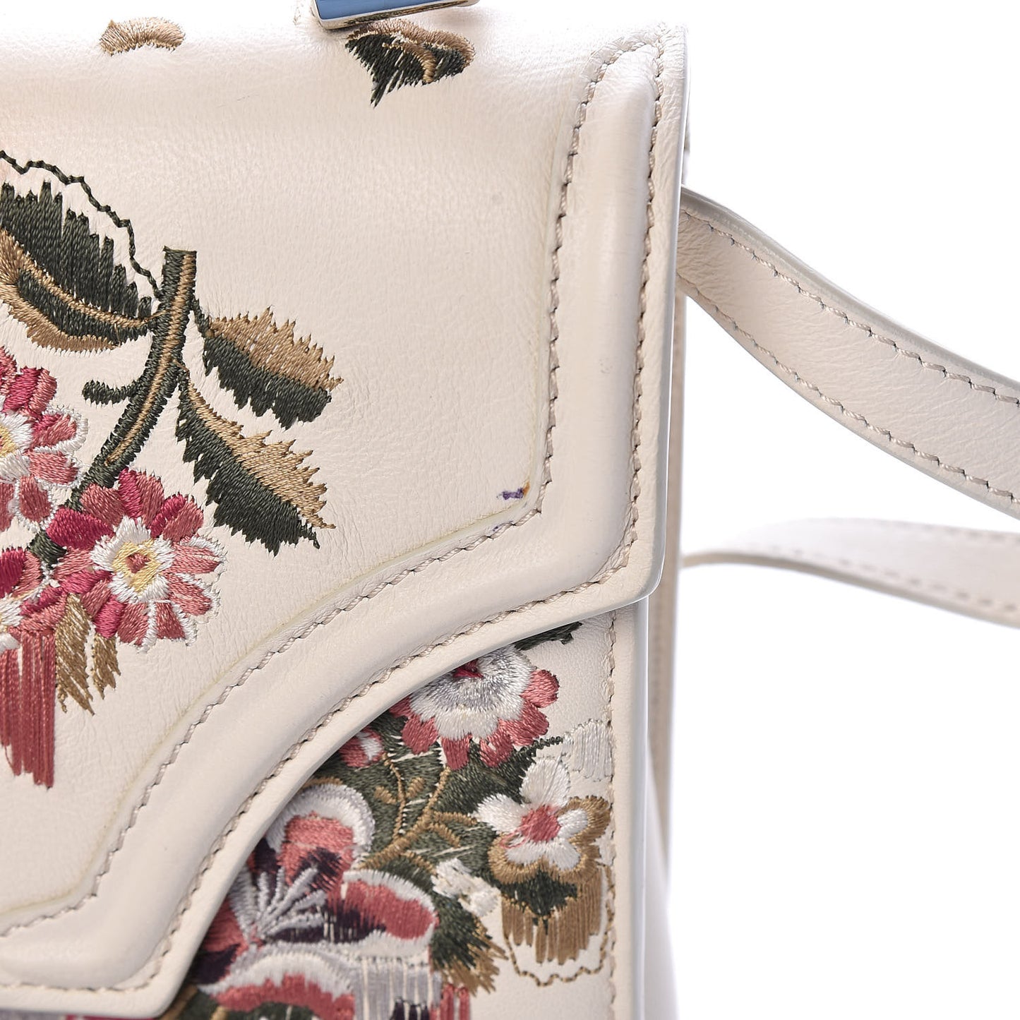 Calfskin Embroidered Flower Satchel Off White