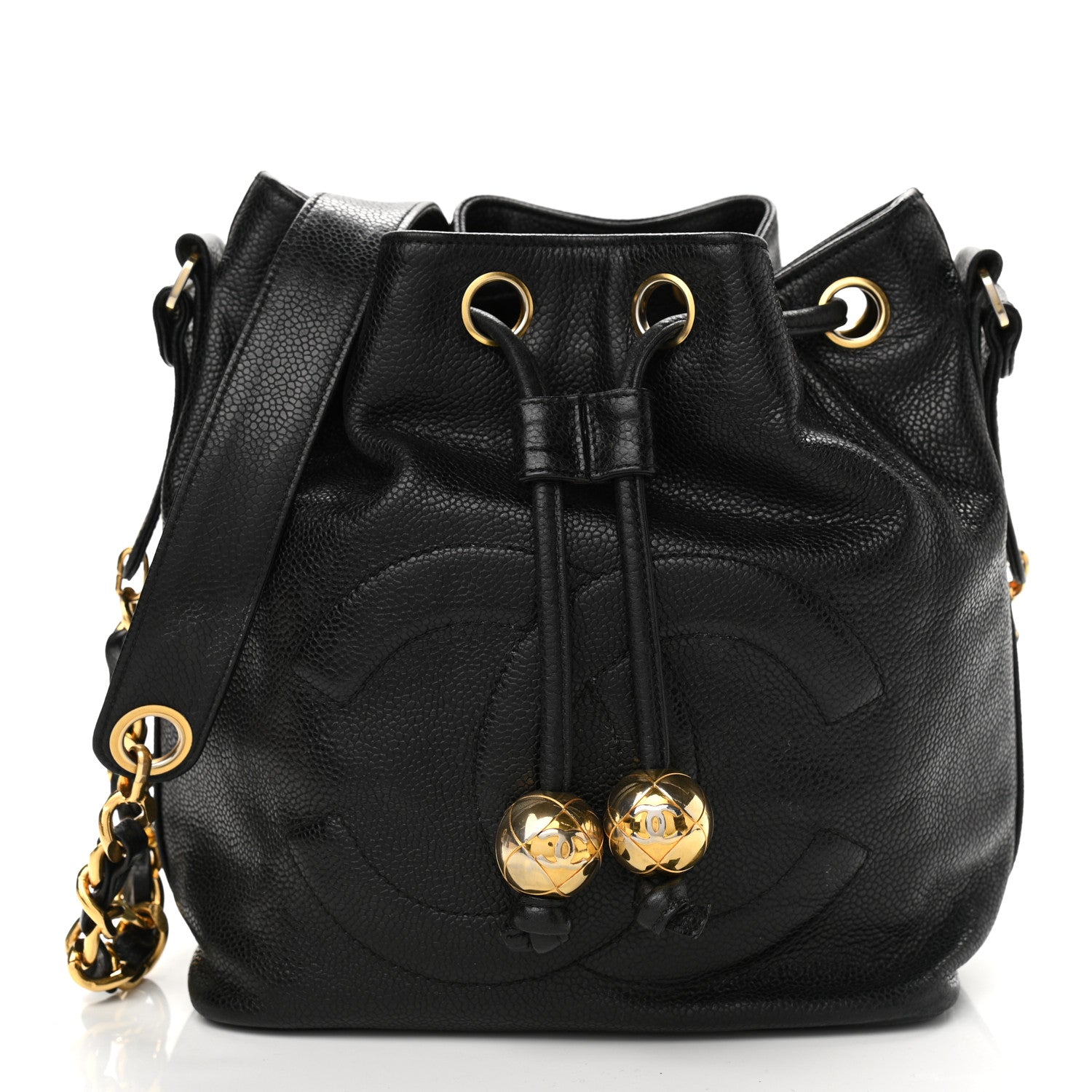 Chanel Caviar CC Stitched Drawstring Bucket Bag Black 2 of 12