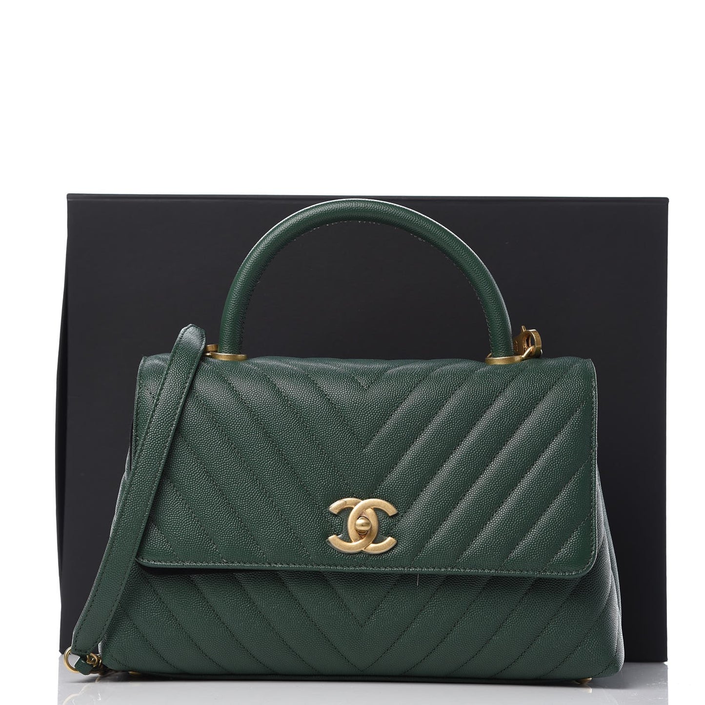 Caviar Chevron Quilted Small Coco Handle Flap Dark Green