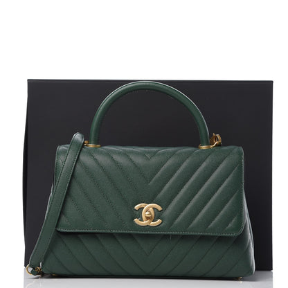 Chanel Caviar Chevron Quilted Small Coco Handle Flap Dark Green 10 of 10
