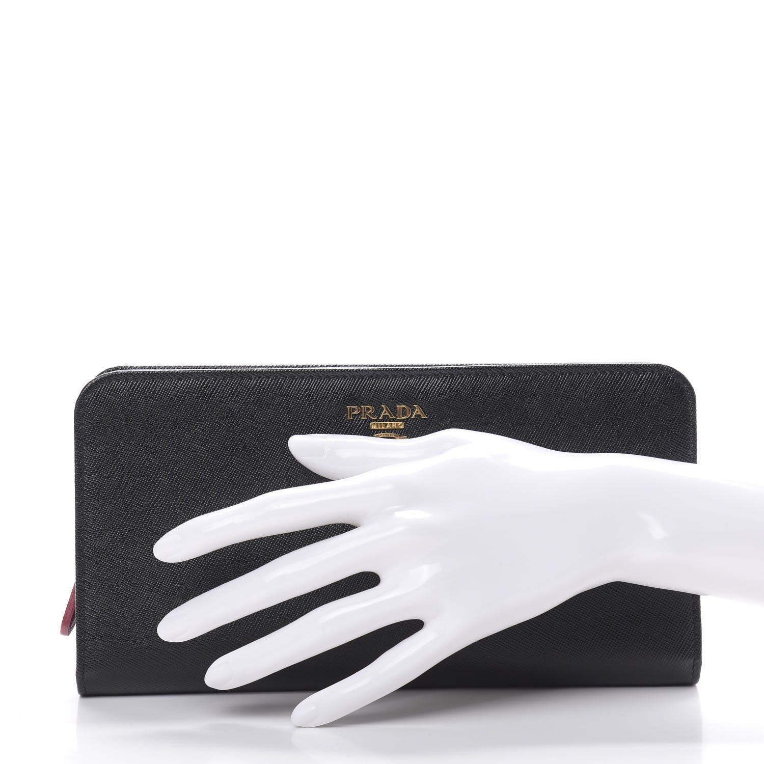 Prada Saffiano Metal Large Zip Wallet Black Fuoco Peonia 2 of 8