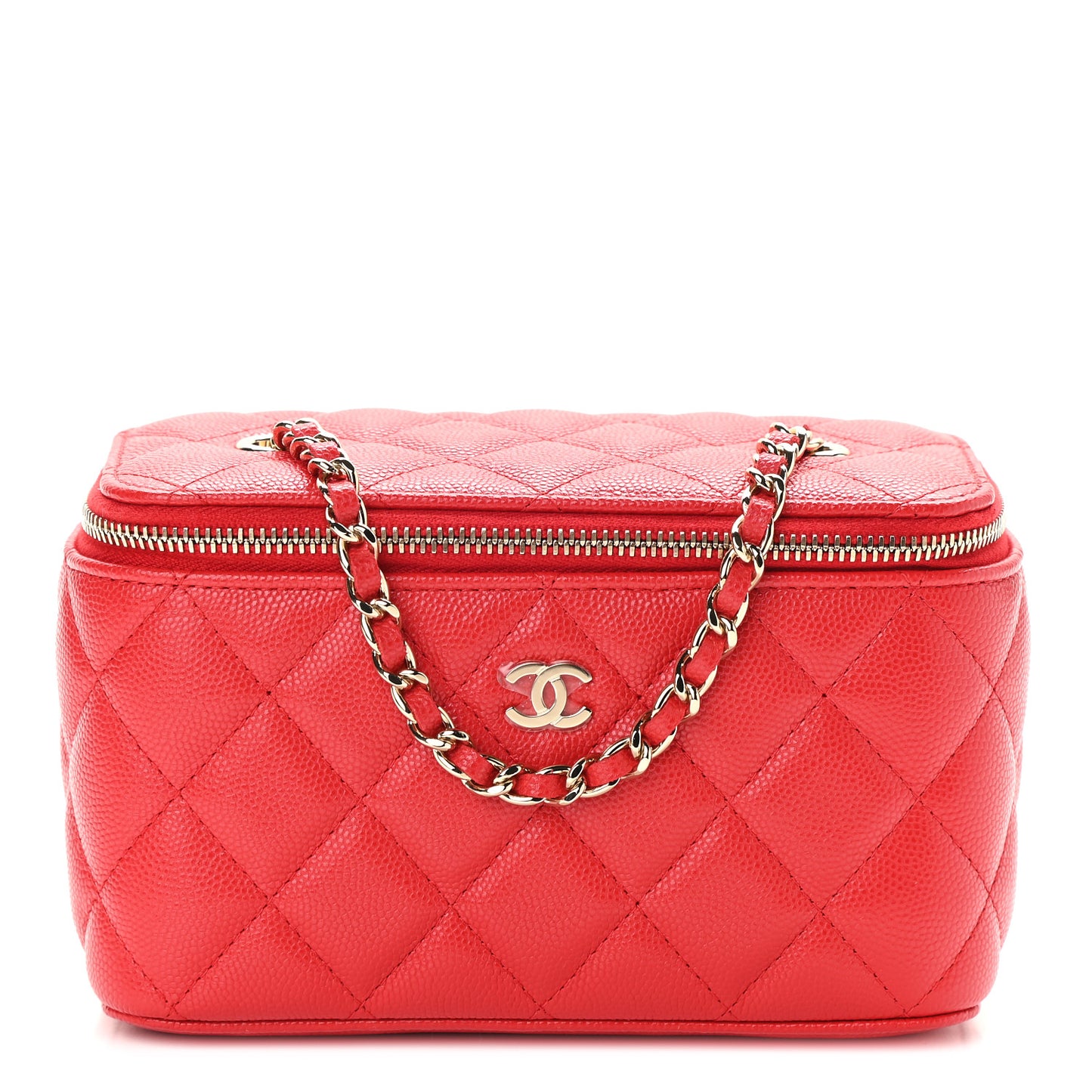 Caviar Quilted Small Vanity Case With Chain Red