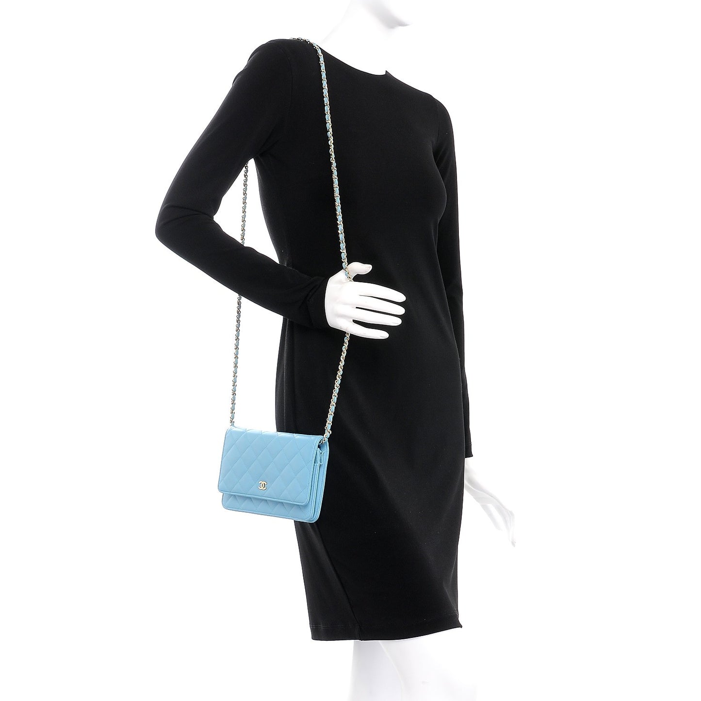 Lambskin Quilted Wallet On Chain WOC Light Blue