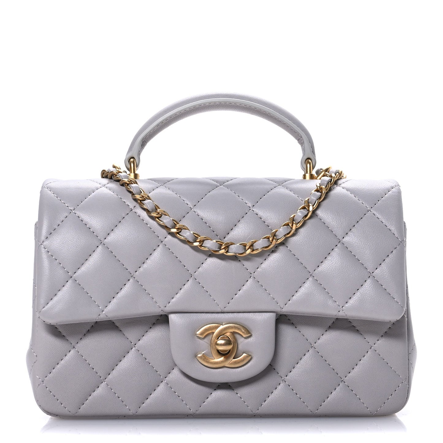 Lambskin Quilted Mini Top Handle Rectangular Flap Grey