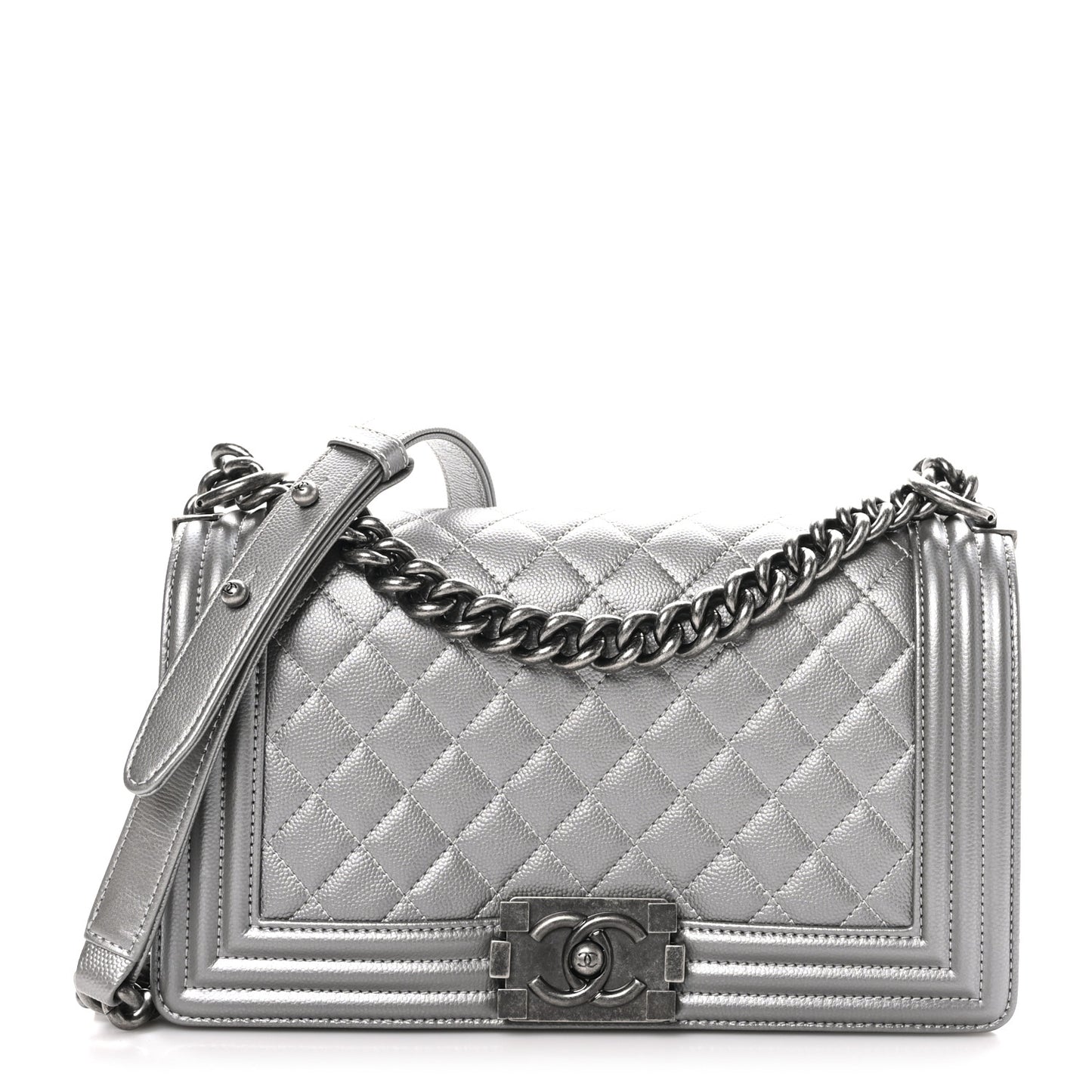 Metallic Caviar Quilted Medium Boy Flap Silver