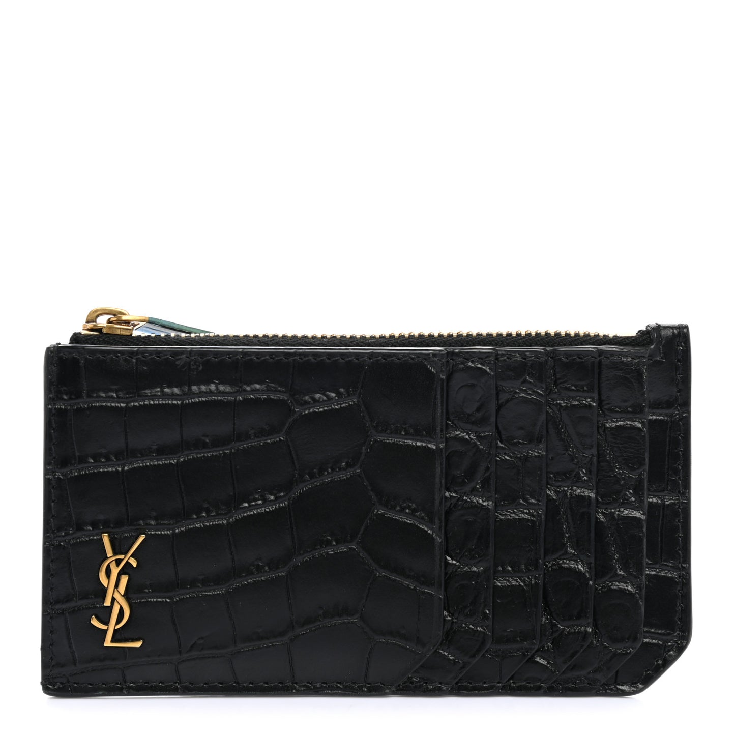 Calfskin Crocodile Embossed 5 Fragments Zip Pouch Card Holder Black