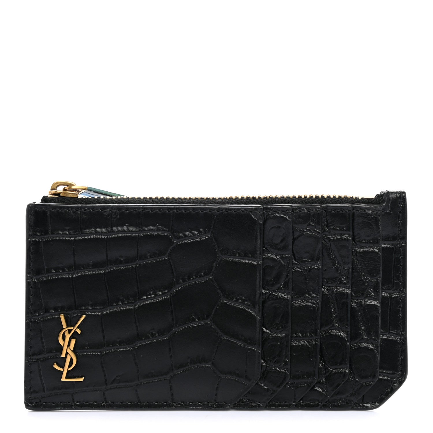 Saint Laurent Calfskin Crocodile Embossed 5 Fragments Zip Pouch Card Holder Black 1 of 6