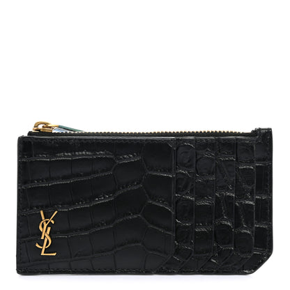 Saint Laurent Calfskin Crocodile Embossed 5 Fragments Zip Pouch Card Holder Black 1 of 6