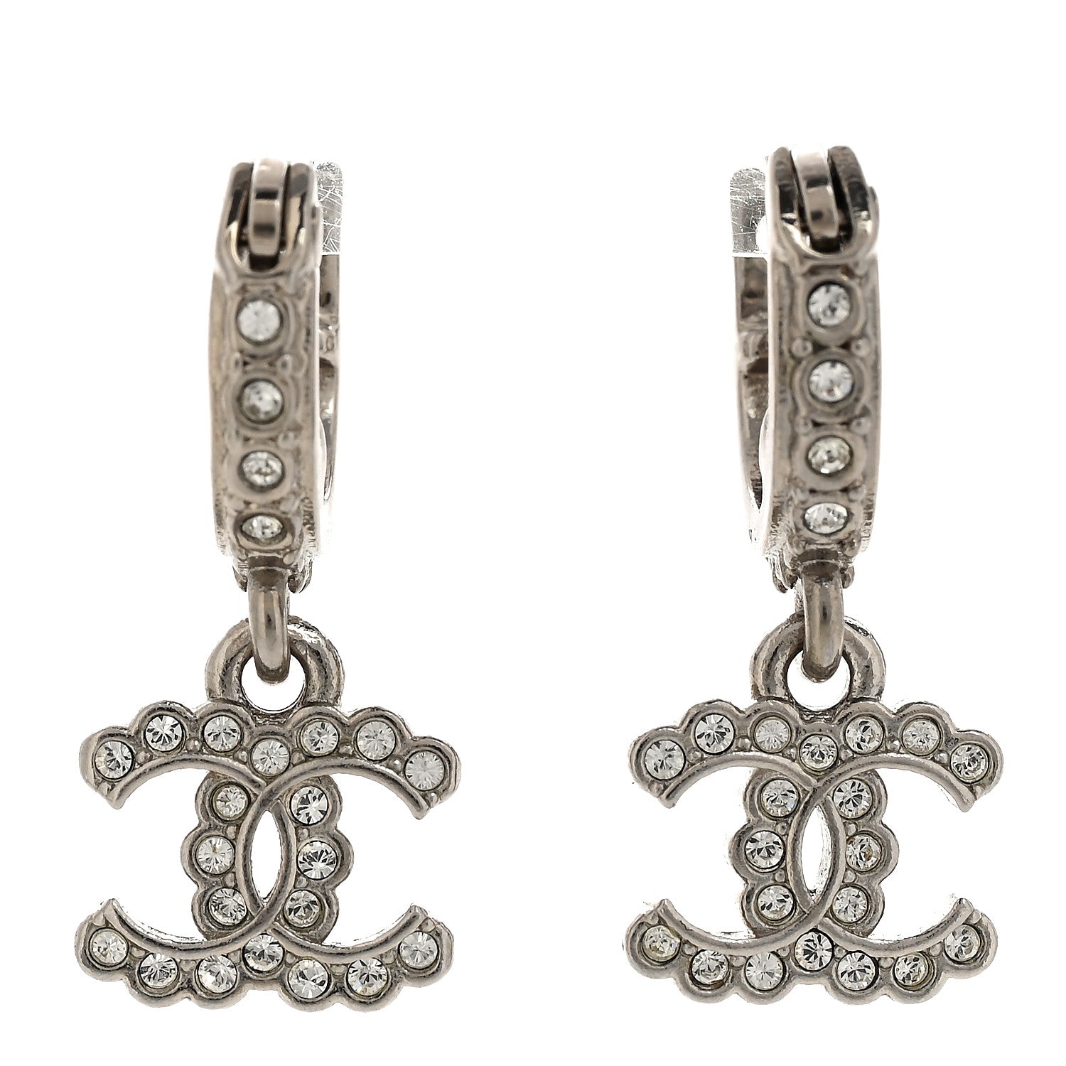 Chanel Metal Crystal CC Hoop Drop Earrings Silver 1 of 5