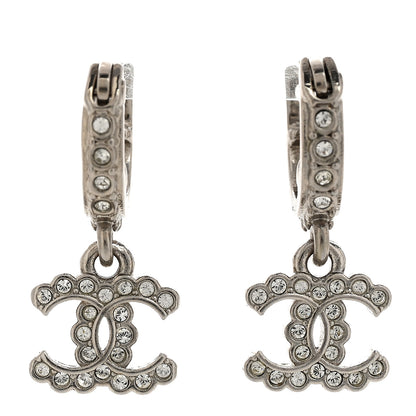 Chanel Metal Crystal CC Hoop Drop Earrings Silver 1 of 5
