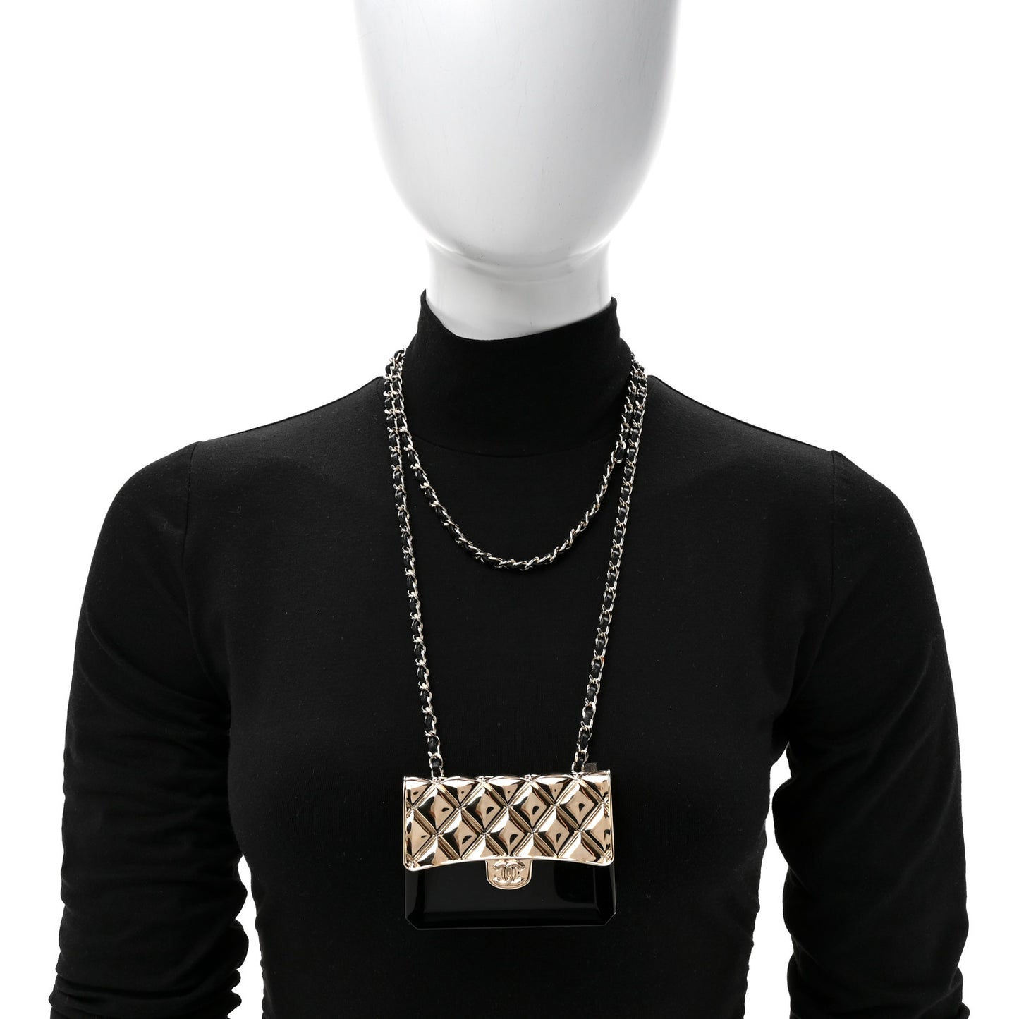 Metal Resin Lambskin Flap Bag Long Necklace Gold Black
