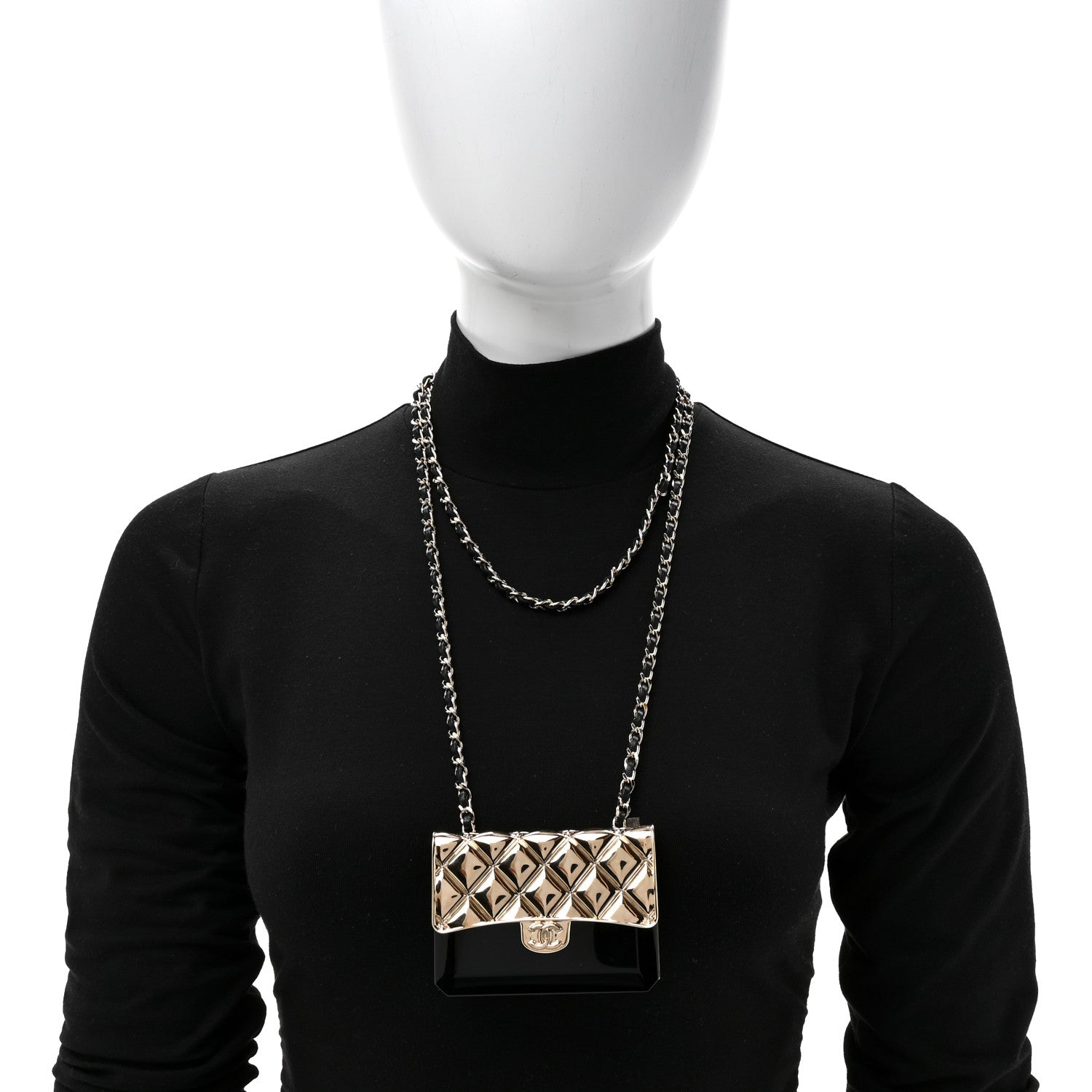 Chanel Metal Resin Lambskin Flap Bag Long Necklace Gold Black 2 of 5
