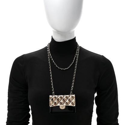 Chanel Metal Resin Lambskin Flap Bag Long Necklace Gold Black 2 of 5