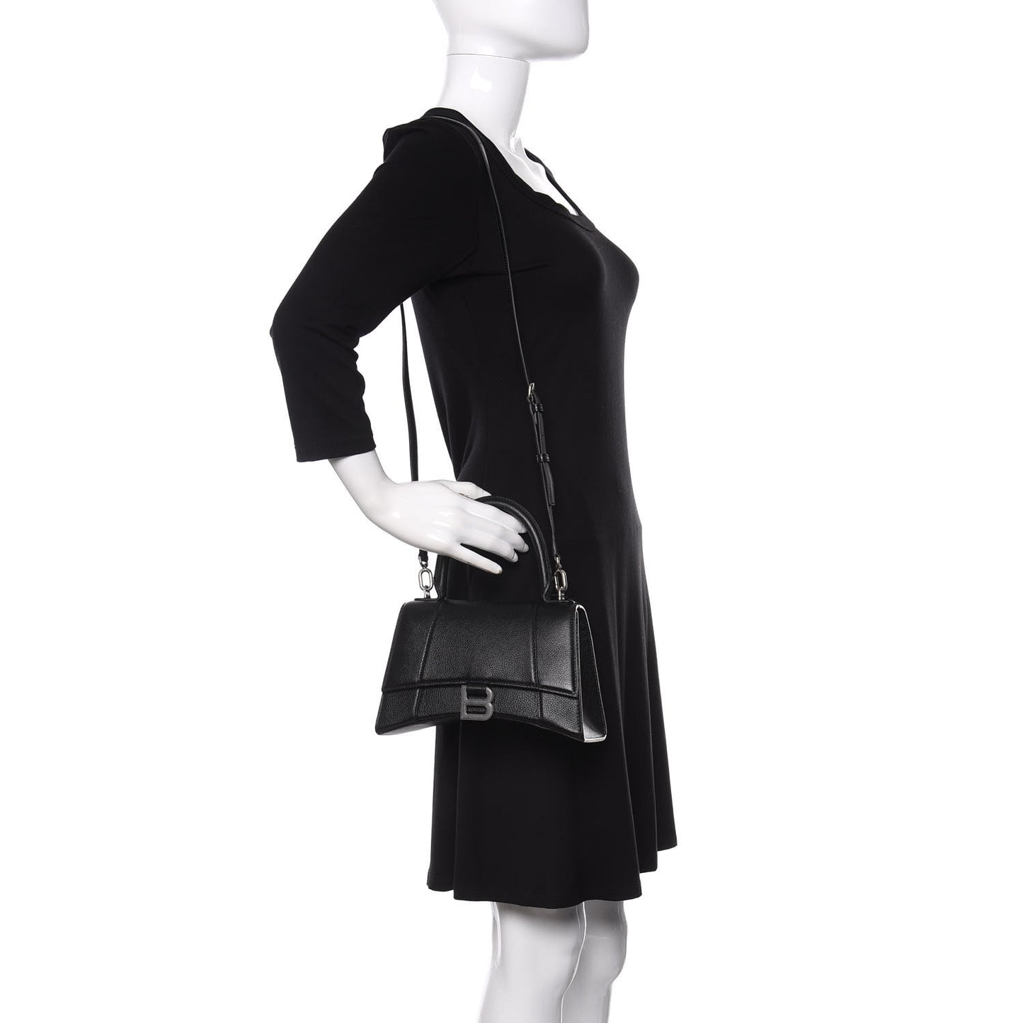 Grained Calfskin Small Hourglass Top Handle Bag Black