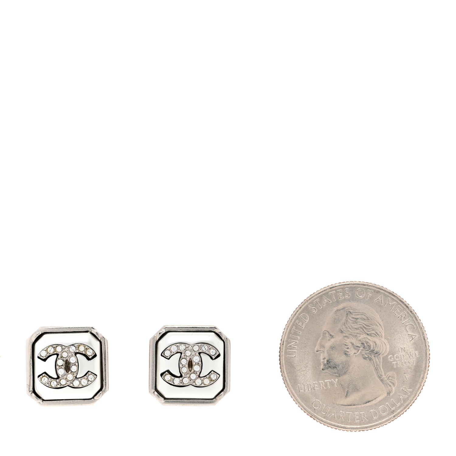Chanel Pearl Crystal CC Square Earrings Silver 2 of 4