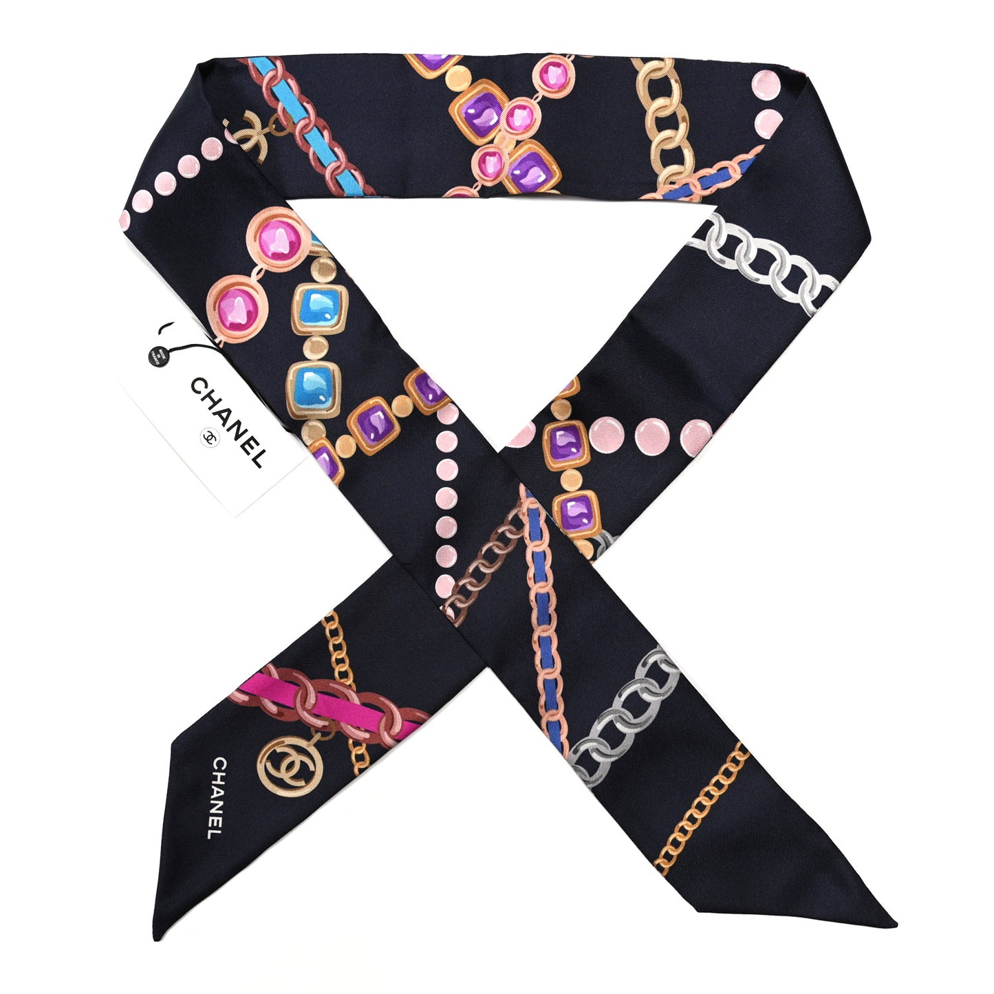 Silk Pearl CC Chain Slim Bandeau Scarf Navy Blue
