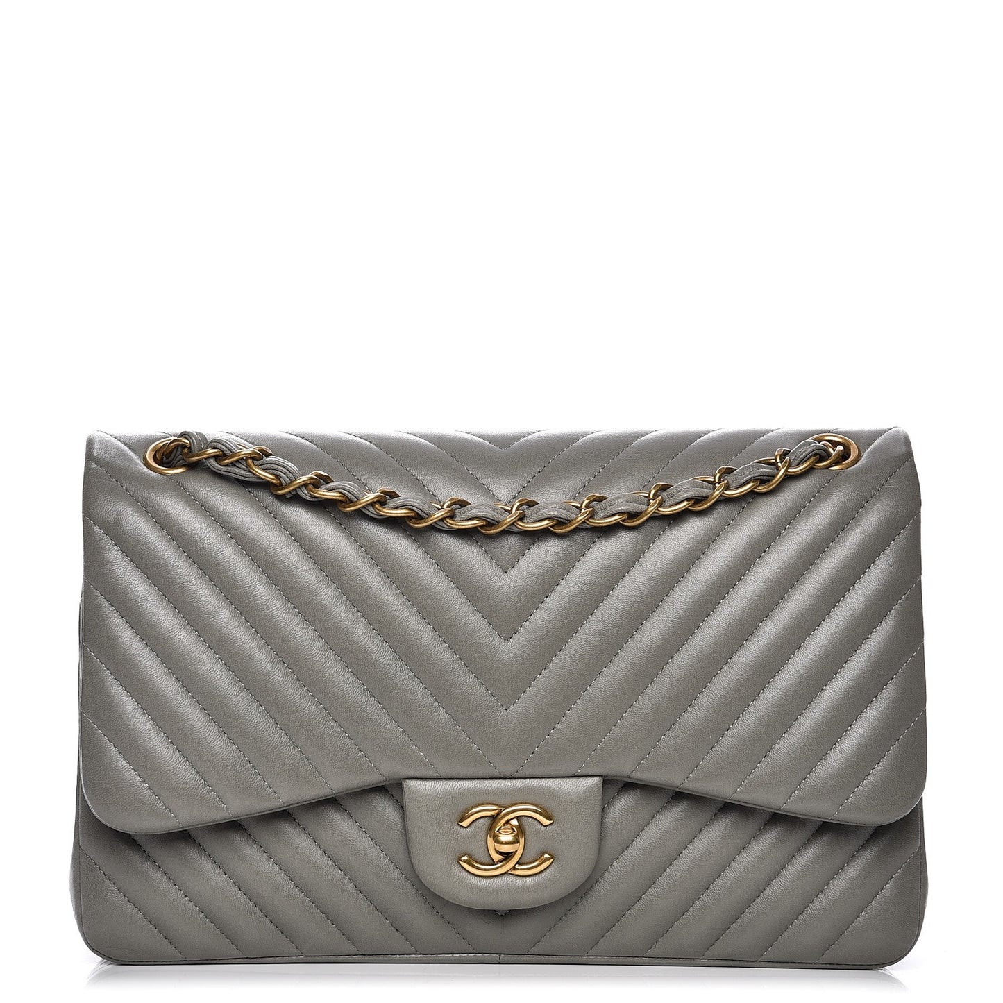 Lambskin Chevron Quilted Jumbo Double Flap Grey