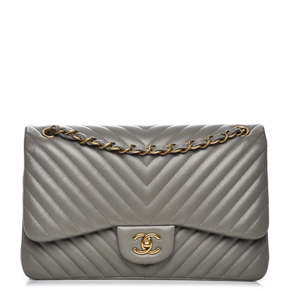 Chanel Lambskin Chevron Quilted Jumbo Double Flap Grey 1 of 7