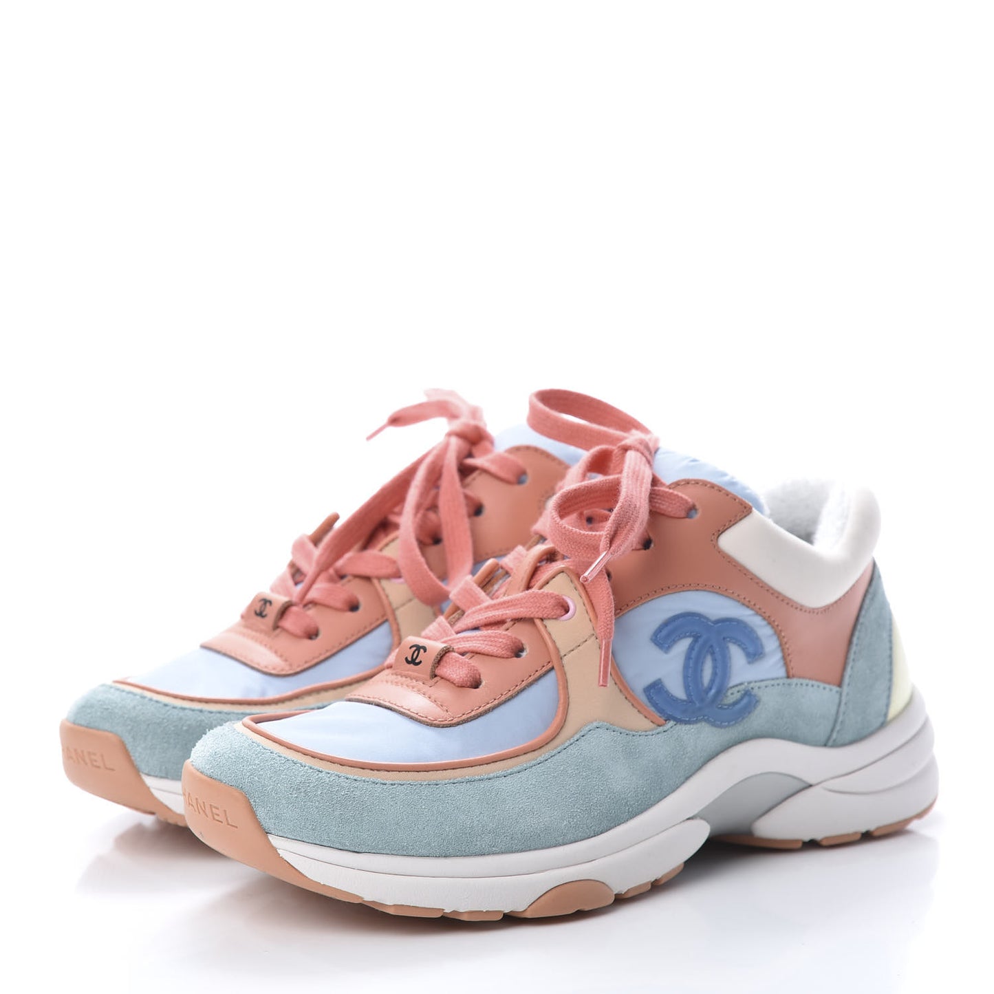 Nylon Lambskin Suede Calfskin CC Sneakers 35 Coral Light Blue White
