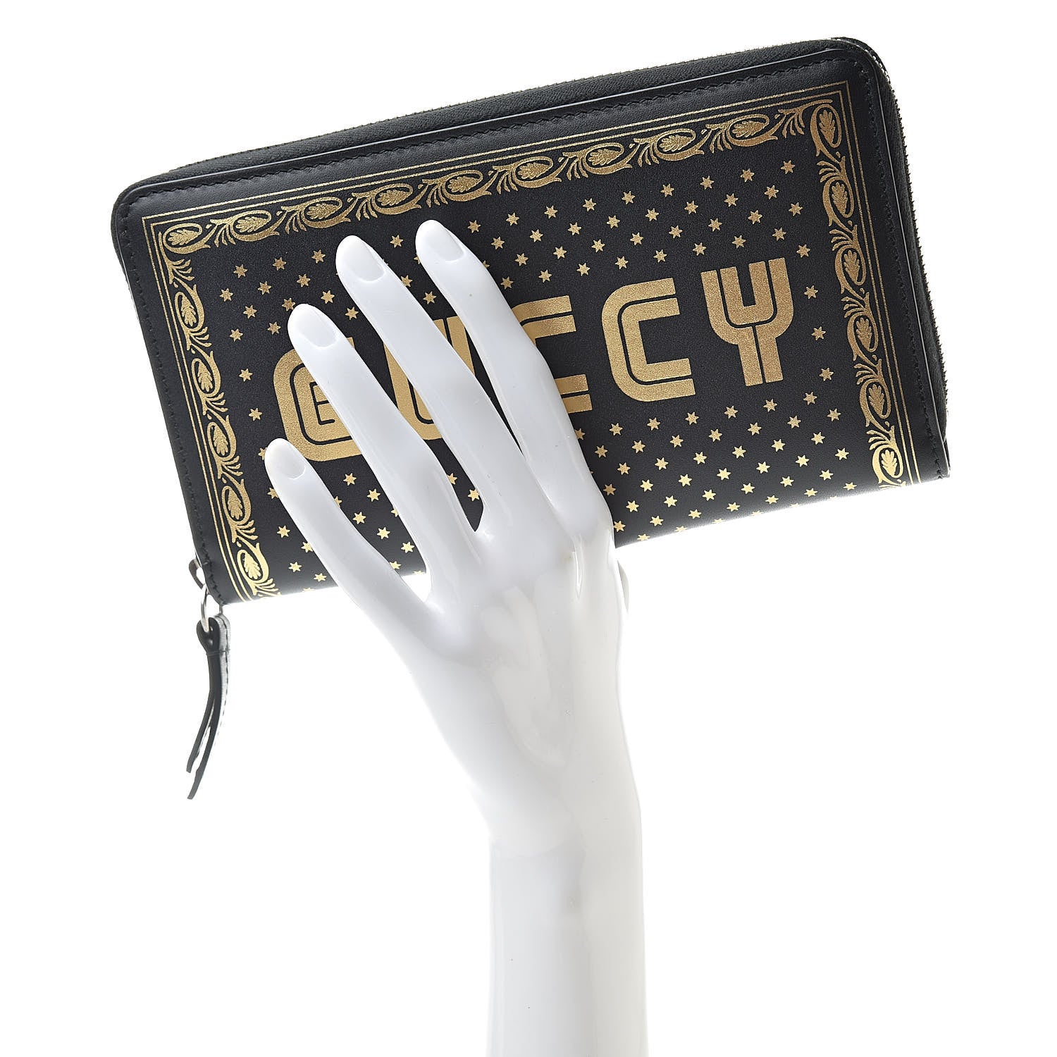 Gucci X SEGA Calfskin GUCCY Stars Zip Around Wallet Black Gold 2 of 8