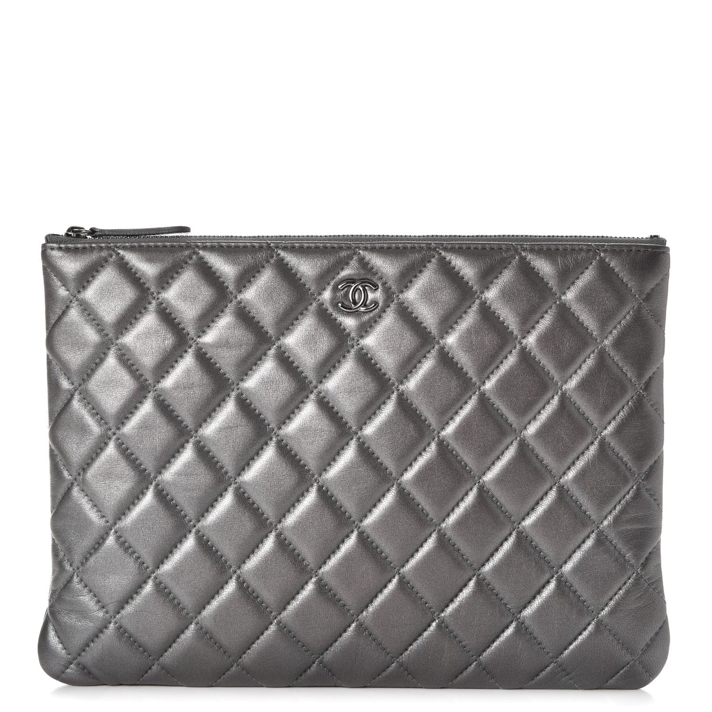 Metallic Lambskin Quilted Medium Cosmetic Case Silver