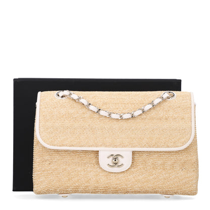 Chanel Raffia Lambskin Medium Flap Bag Beige White 11 of 11
