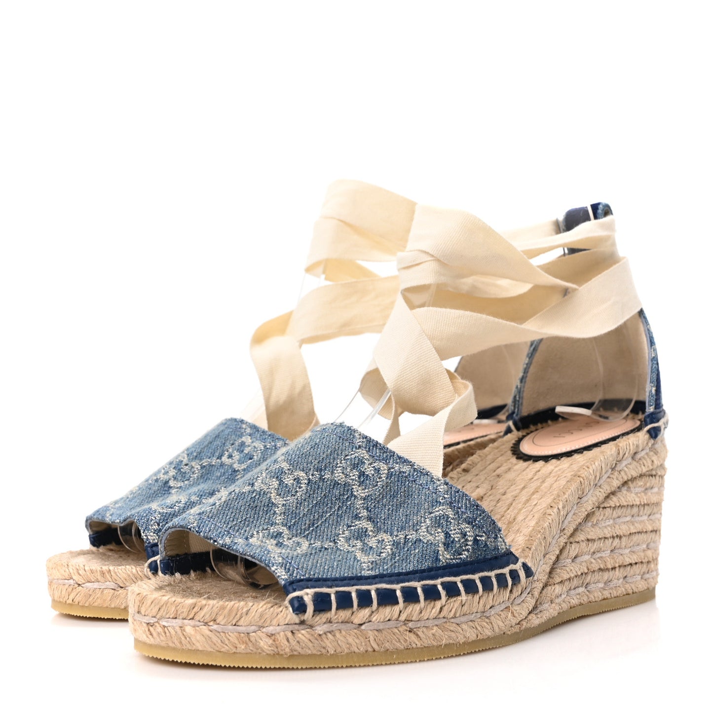 New Denim GG Monogram Pilar Ankle Wrap Espadrille Wedge Sandals 36.5 Light Blue