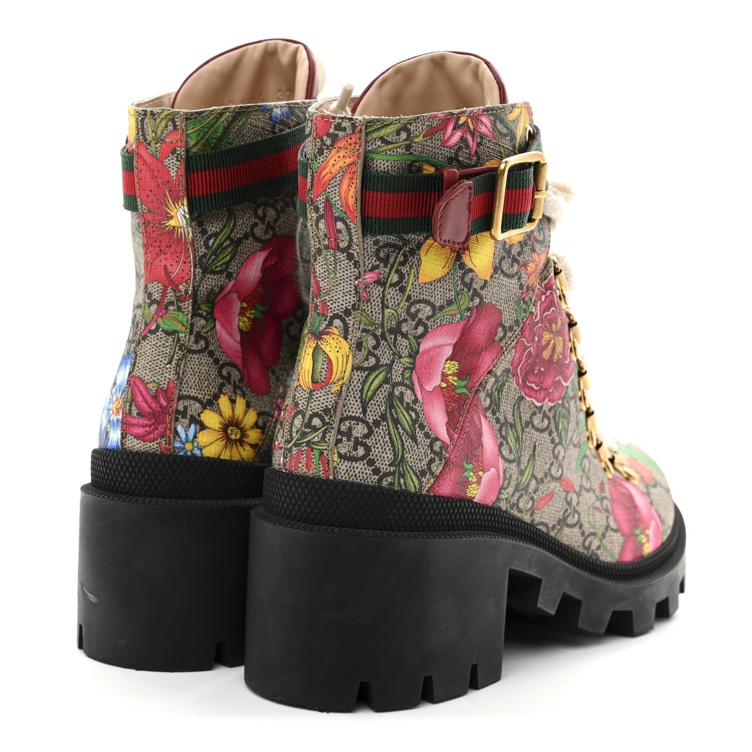 Gucci GG Supreme Monogram Flora Lace Up Combat Ankle Boots 37.5 Beige Multicolor Red 5 of 9