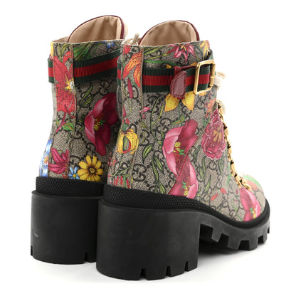 Gucci GG Supreme Monogram Flora Lace Up Combat Ankle Boots 37.5 Beige Multicolor Red 5 of 9