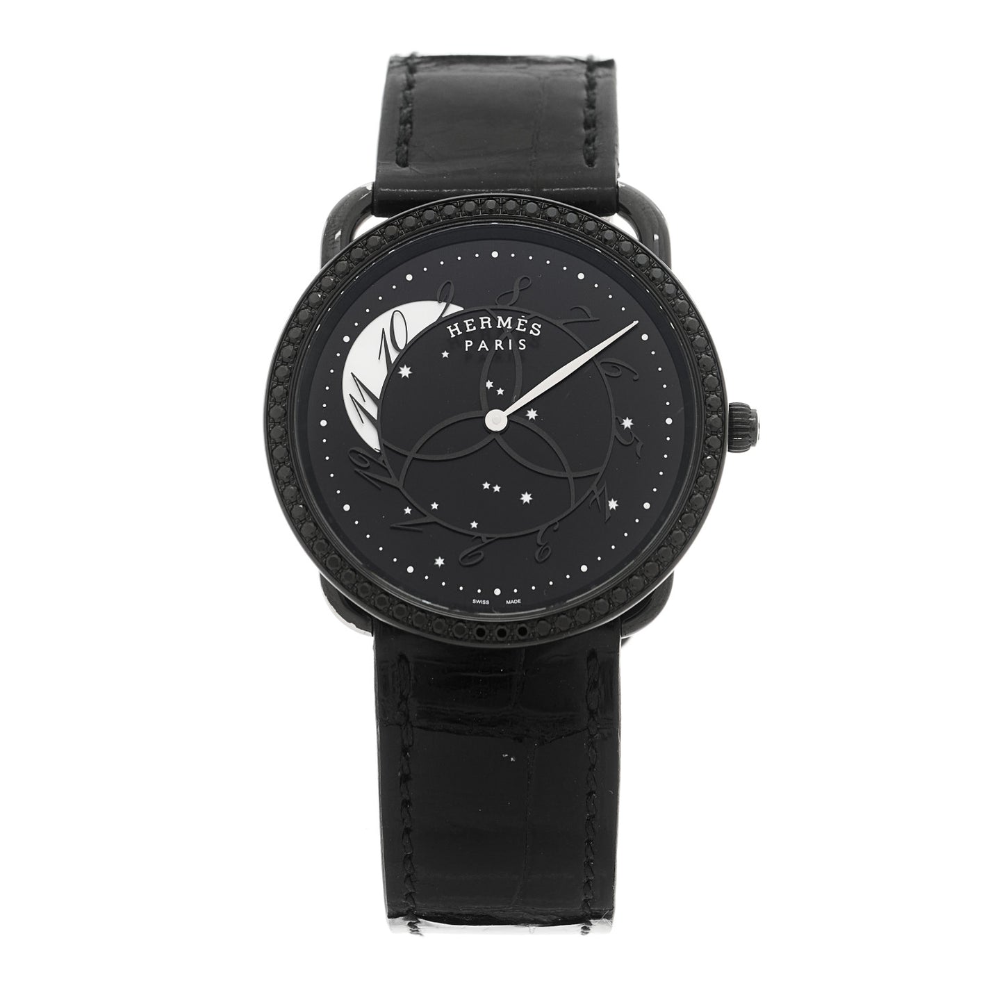 PVD Stainless Steel Alligator Black Diamond 36mm Arceau Ronde Des Heures Quartz Watch Noir