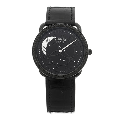 Hermes PVD Stainless Steel Alligator Black Diamond 36mm Arceau Ronde Des Heures Quartz Watch Noir 1 of 5