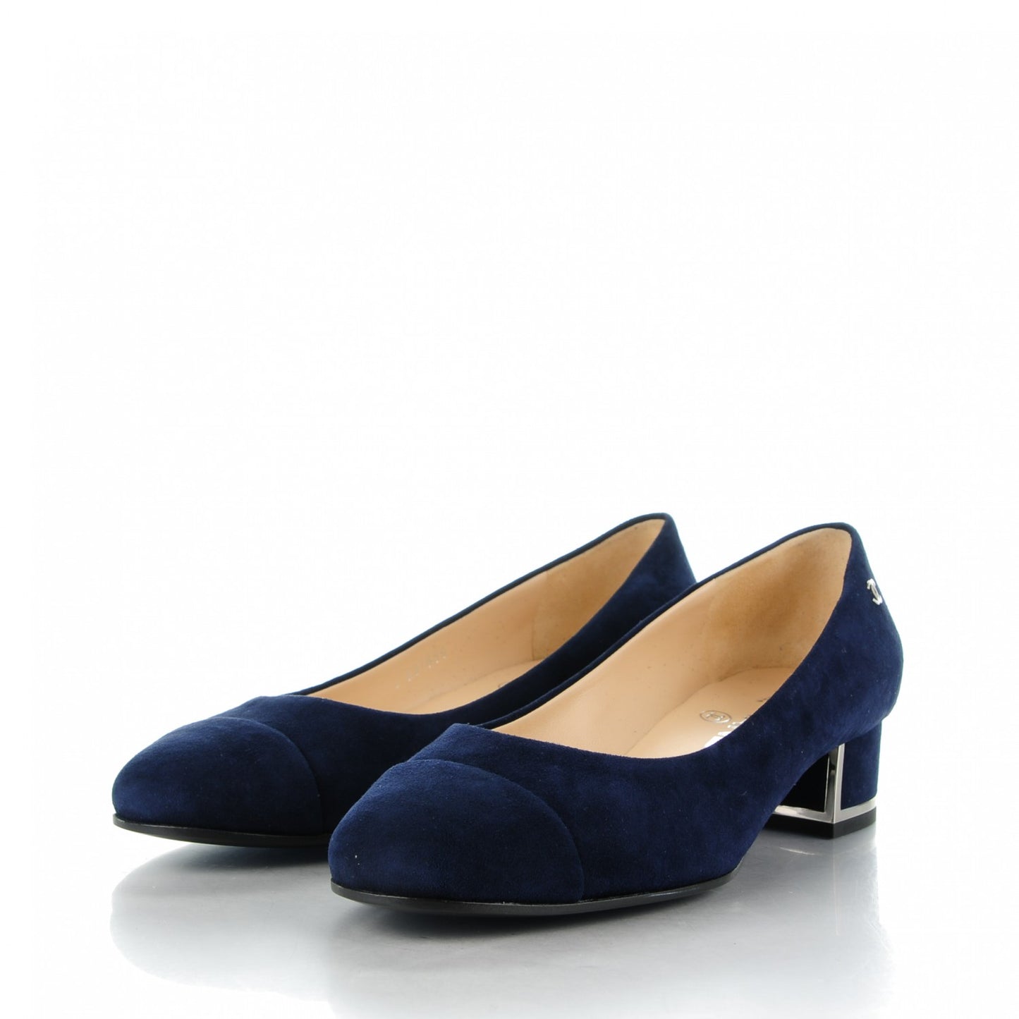 Suede Goatskin Cap Toe Low Heel Pumps 36 Navy