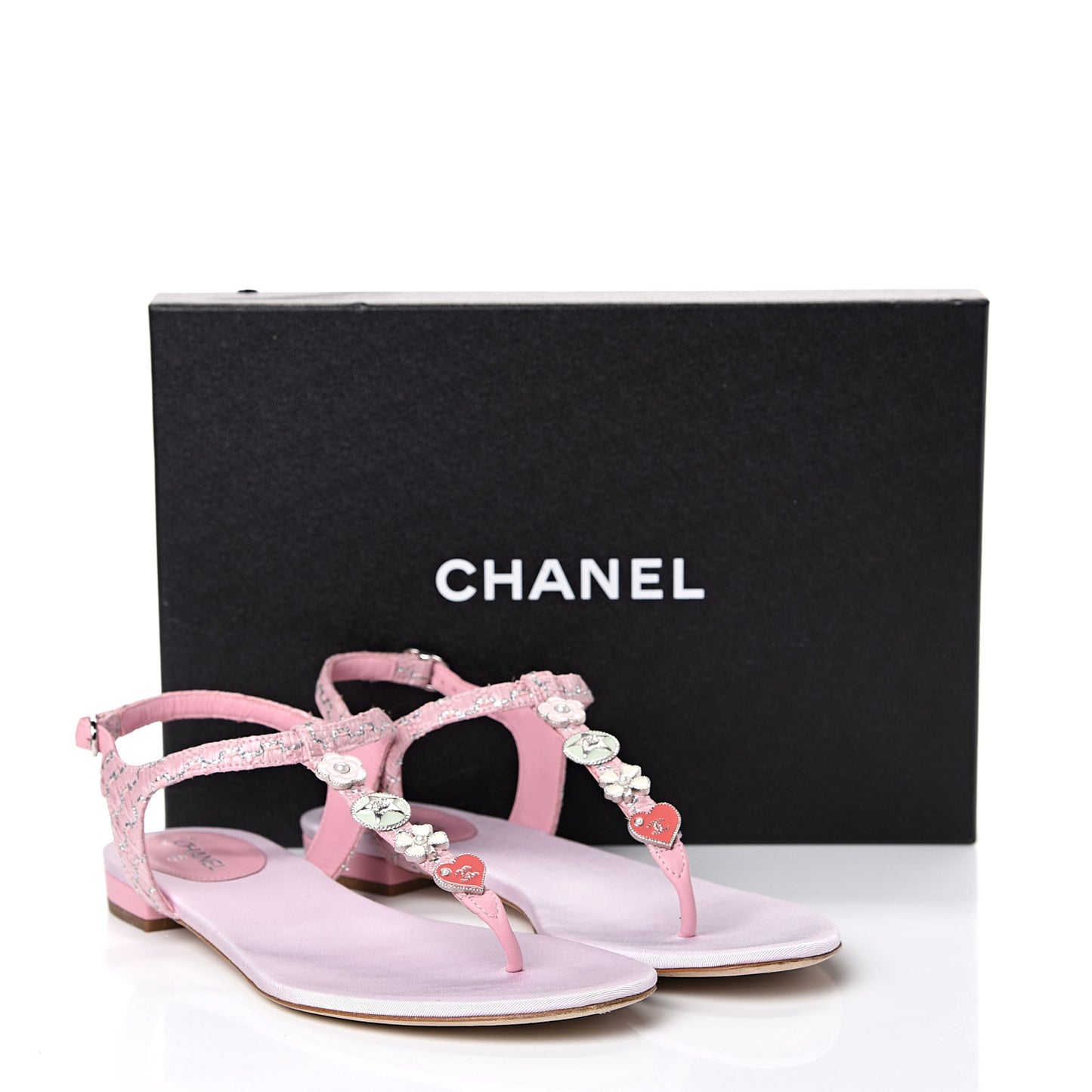 Tweed CC Charm Thong Sandals 39.5 Pink Silver