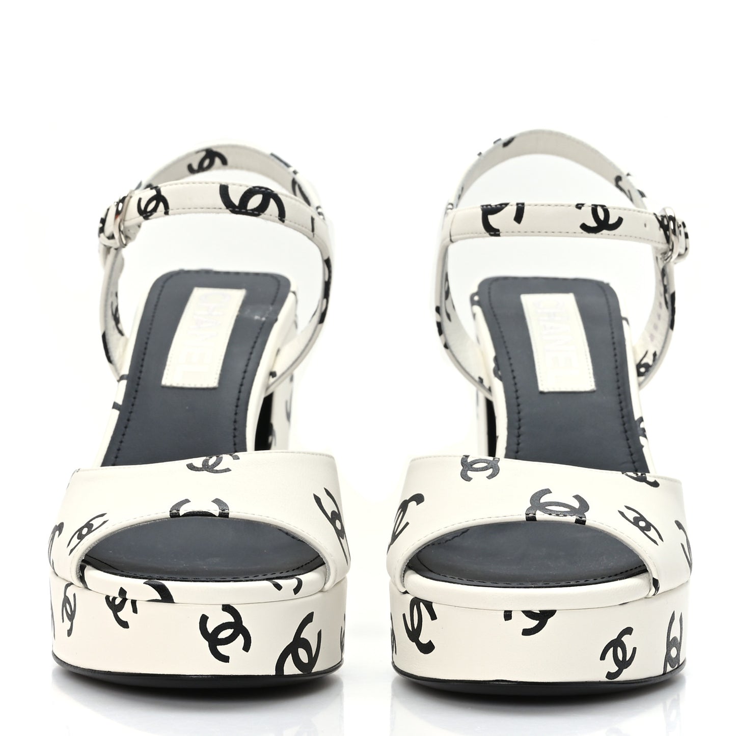 Printed Lambskin CC Platform Sandals 37.5 White Black