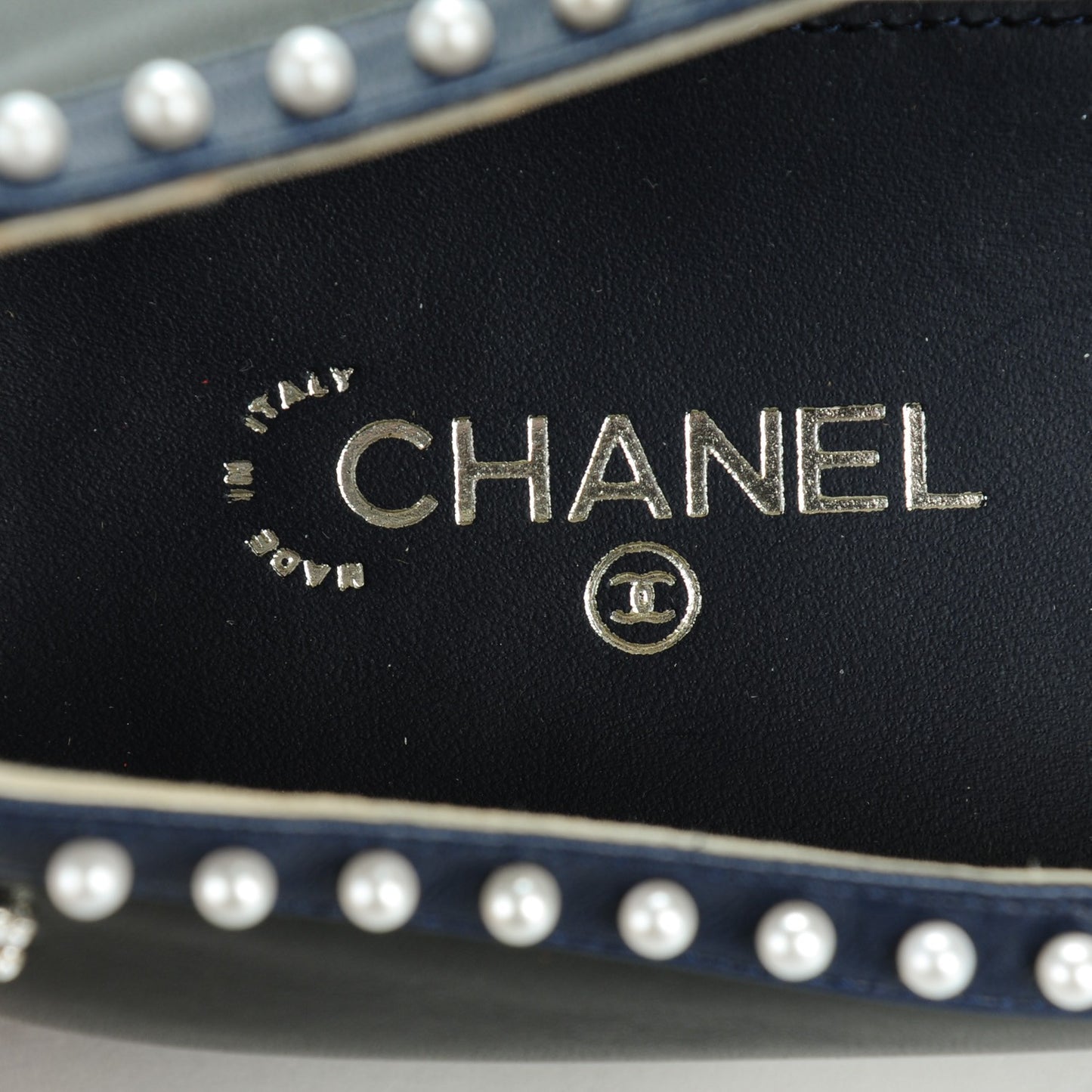 Lambskin Cap Toe Pearl CC Ballerina Flats 40.5 Black Navy