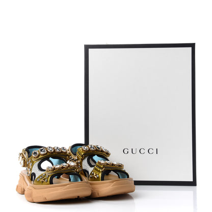 Gucci Silk Calfskin Mesh Crystal Embellished Studded Womens Aguru Sandals 36 Gold 10 of 10