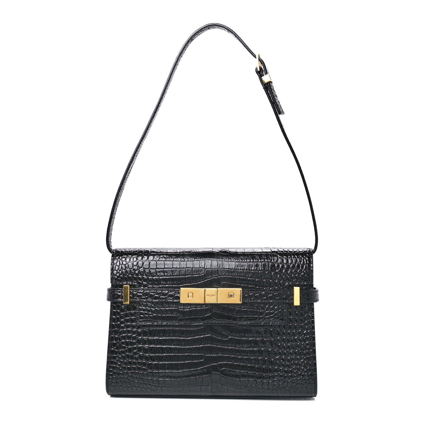 Shiny Calfskin Crocodile Embossed Small Manhattan Baguette Black