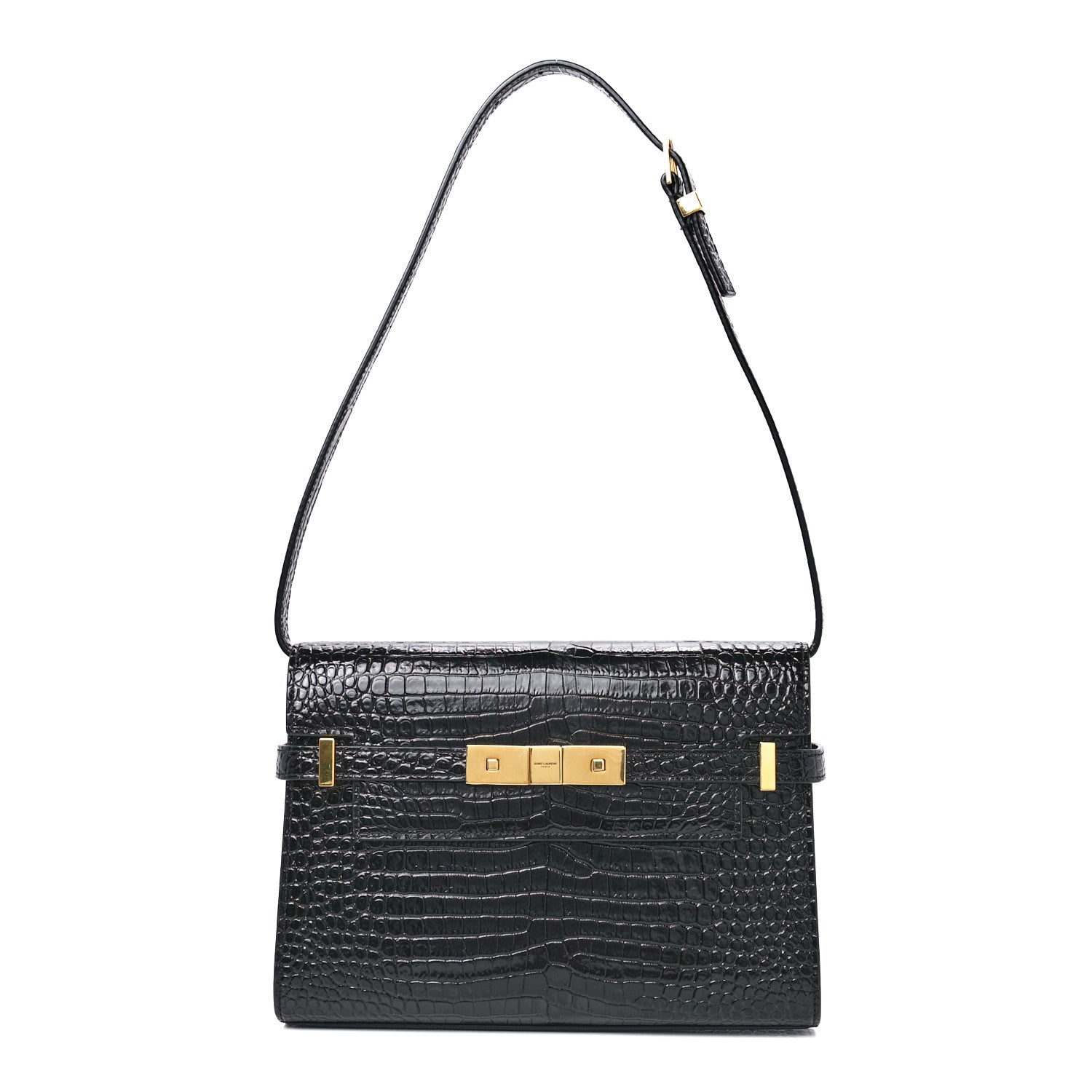 Saint Laurent Shiny Calfskin Crocodile Embossed Small Manhattan Baguette Black 1 of 12