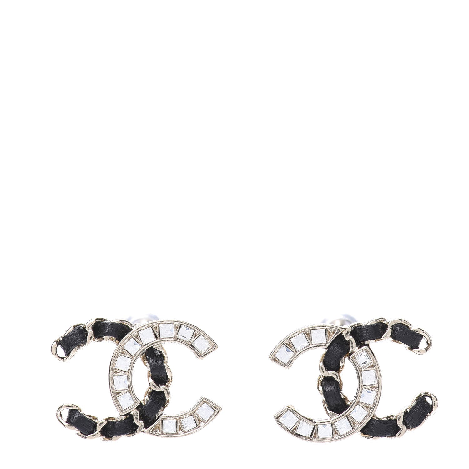 Chanel Crystal Baguette Lambskin Chain CC Vintage Allure Stud Earrings Black Gold 1 of 4