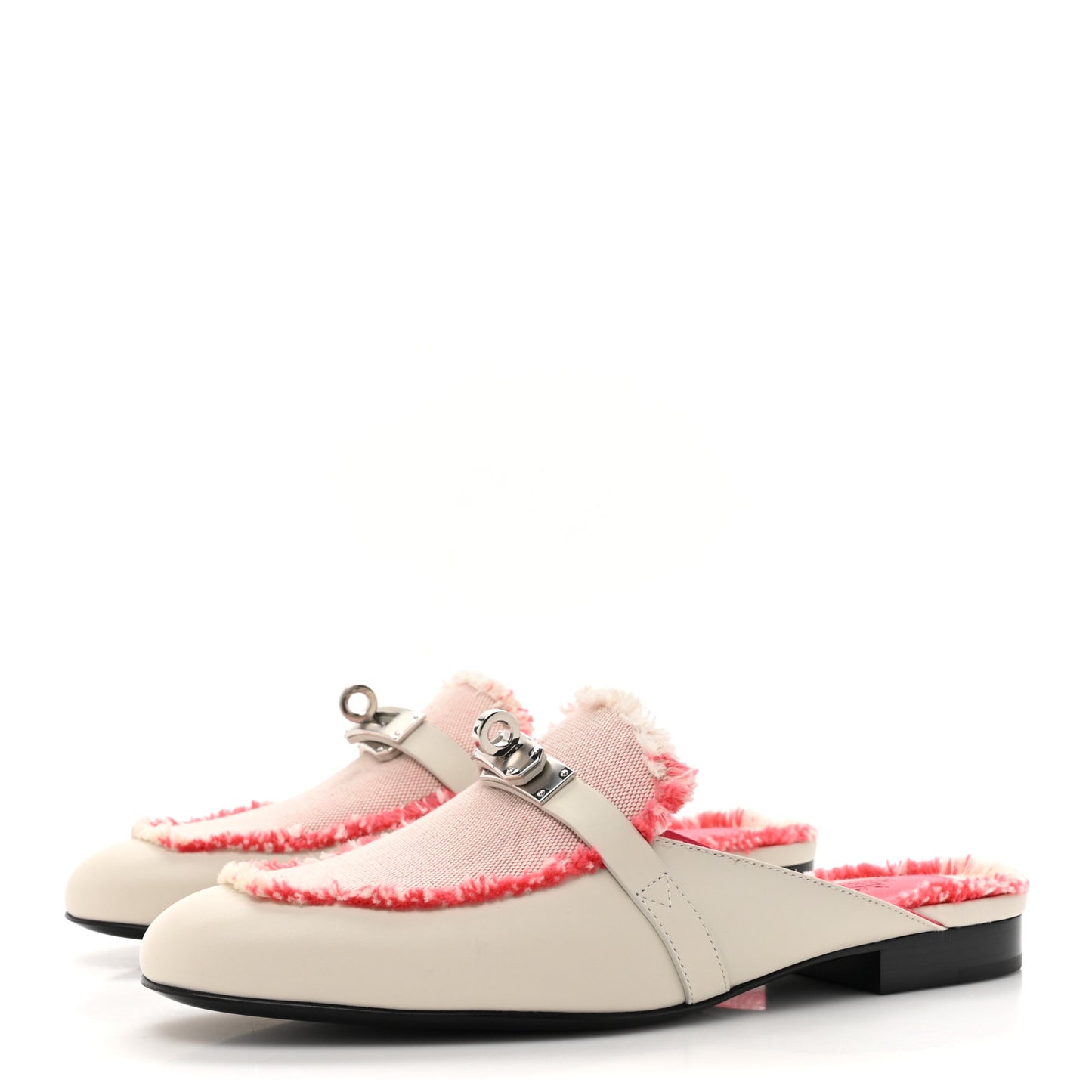 Calfskin Fringed H Canvas Oz Mules 36 Beige Glaise Framboise