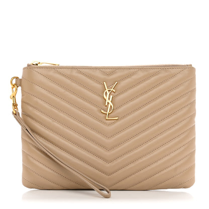 Saint Laurent Calfskin Matelasse Chevron Monogram A5 Wristlet Light Taupe 1 of 10