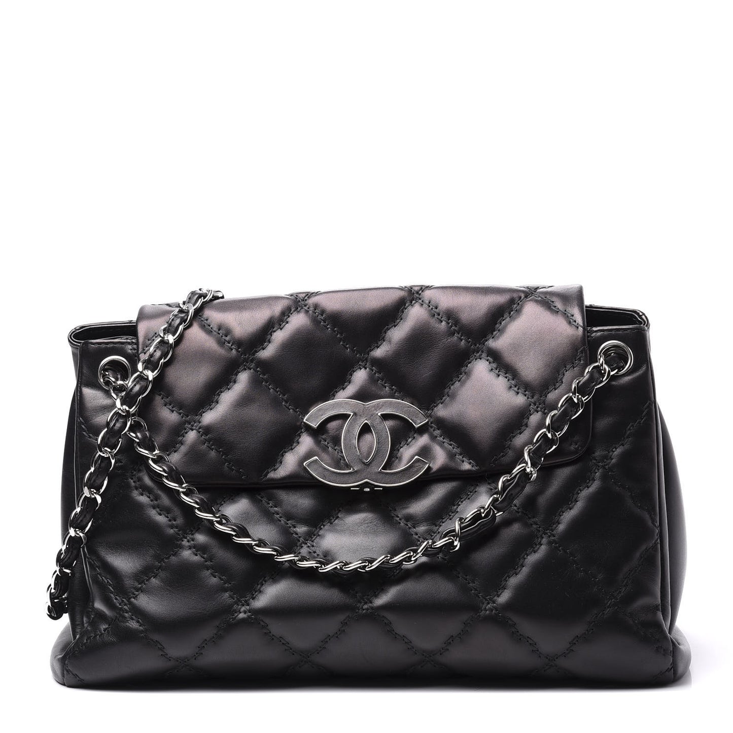 Calfskin Double Stitch Large Hamptons Flap Bag Black