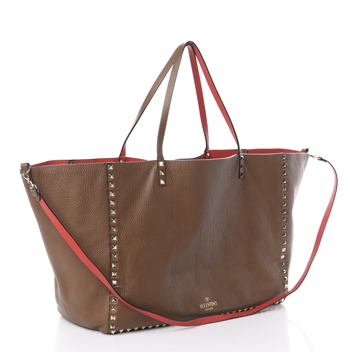 Calfskin Medium Rockstud Reversible Tote Brown Red
