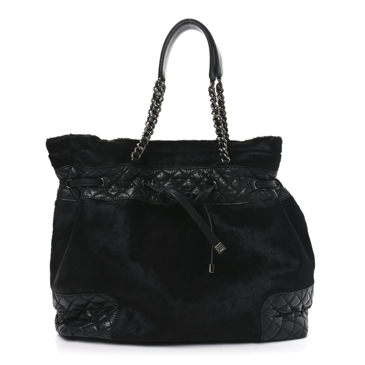 Aged Calfskin Pony Hair Quilted Miss Pony Drawstring Tote Black